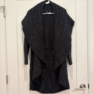 Tey Art Alpaca Wool Blend Cable Knit Shawl Collar Cardigan Sweater Black Small